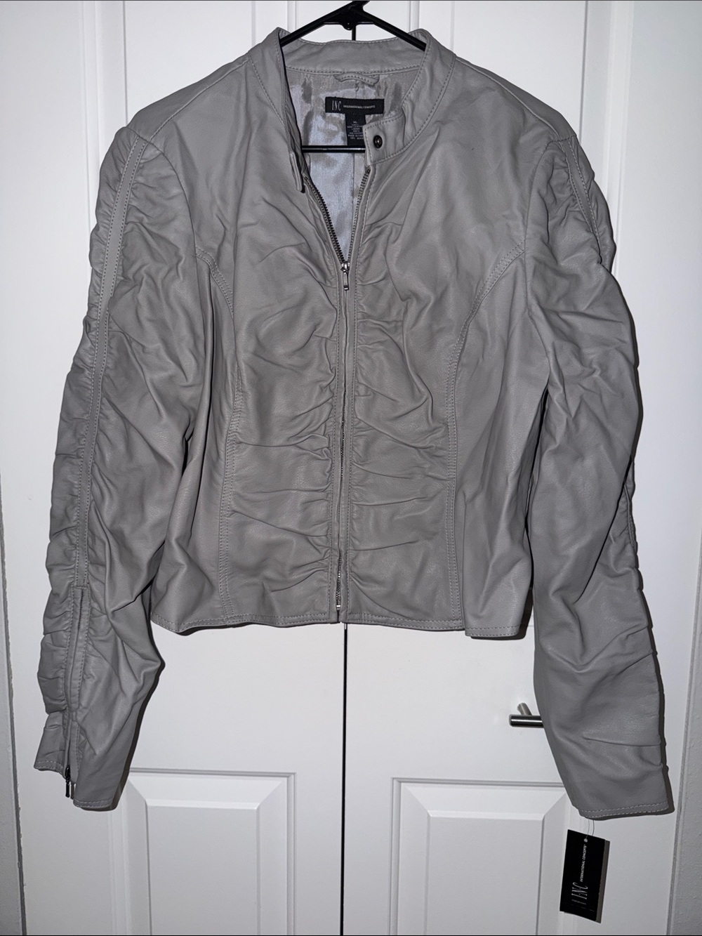 INC International Concepts Light Gray Ruched Zip Faux Leather Jacket